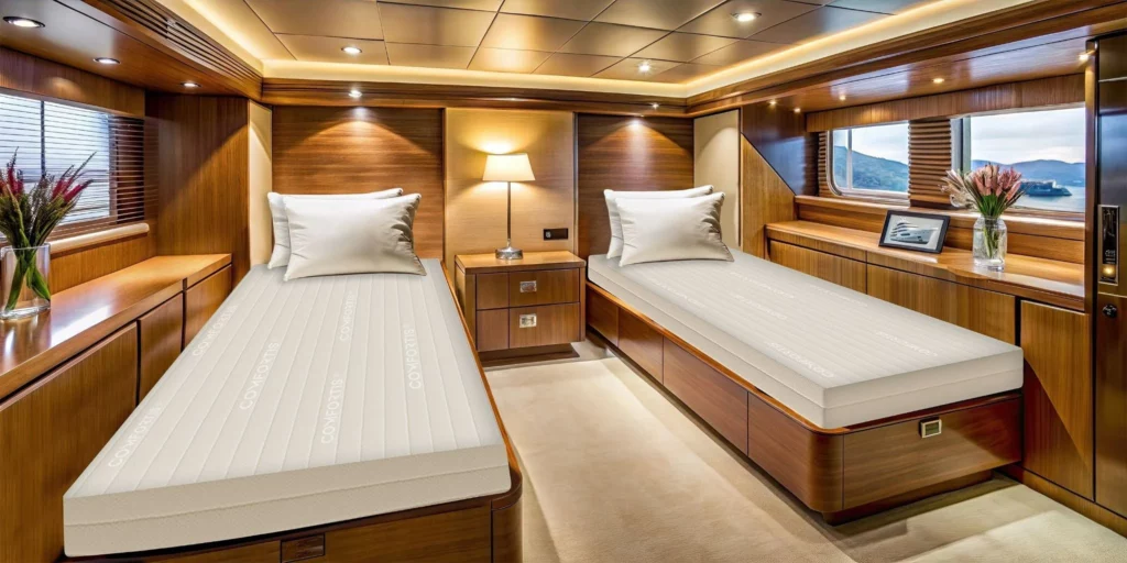 A luxury twin room inside a superyacht lit quite well.