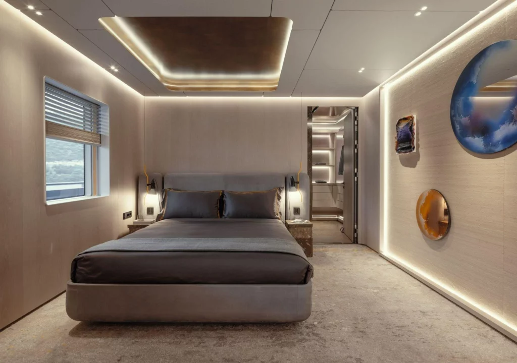 Luxury yacht cabin with bed and mattress designed for superyacht.